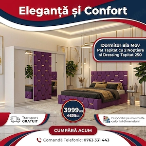 Dormitor Bia Mov Pat Tapitat cu 2 Noptiere si Dressing Tapitat 250 Contactează-ne Promoție mobilier 