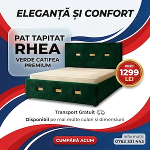 Pat Tapitat Rhea Verde Catifea Premium Transport rapid Variantă elegantă