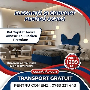 Pat Tapitat Amira Albastru cu Catifea Premium Livrare în toată țara Reduceri mobilier dormitor