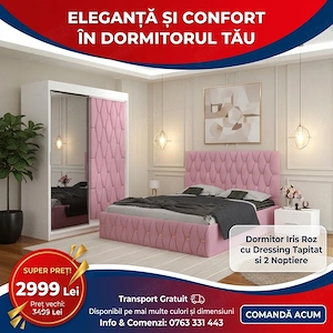 Dormitor Iris Roz cu Dressing Tapitat si 2 Noptiere  Calitate premium Variantă nouă