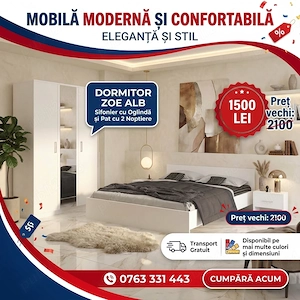 Dormitor ZOE Alb Sifonier cu Oglinda si Pat cu 2 Noptiere Livrare rapidă Descoperă rapid dormitoare 