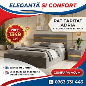 Pat Tapitat Adria Gri Cu Noptiere Tapitate  Calitate premium Variantă modernă