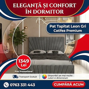 Pat Tapitat Leon Gri Catifea Premium Transport rapid Promoție dormitoare