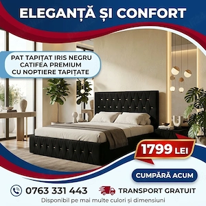Pat Tapitat Iris Negru Catifea Premium Cu Noptiere Tapitate Transport rapid Mobilă dormitor preț bun