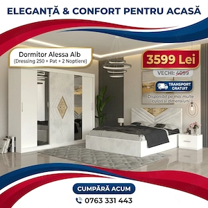 Dormitor Alessa Alb Dressing 250 Si Pat cu 2 Noptiere  Design modern Model premium