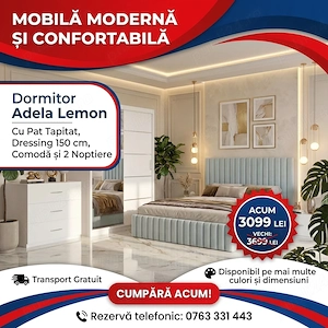 Dormitor Adela Lemon Cu Pat Tapitat Dressing 150 Comoda Si 2 Noptiere  Model elegant Mobilă dormitor