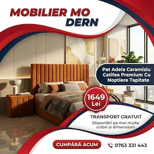 Pat Adela Caramiziu Catifea Premium Cu Noptiere Tapitate  Finisaje premium Promoție mobilă dormitor