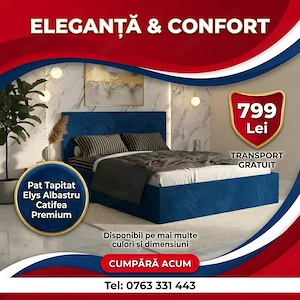 Pat Tapitat Elys Albastru Catifea Premium Comandă acum Oferte speciale mobilier dormitor