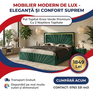 Pat Tapitat Enzo Verde Premium Cu 2 Noptiere Tapitate Ofertă limitată Dormitor elegant preț bun