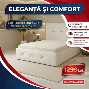 Pat Tapitat Rhea Alb Catifea Premium  Model elegant Reduceri dormitoare