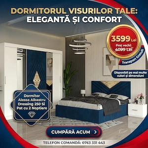 Dormitor Alessa Albastru Dressing 250 Si Pat cu 2 Noptiere Livrare în toată țara Promoție mobilier d