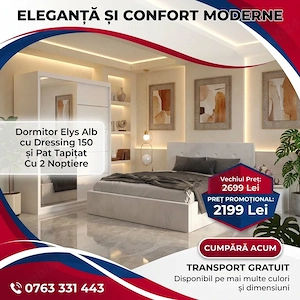Dormitor Elys Alb cu Dressing 150 si Pat Tapitat Cu 2 Noptiere  Materiale de calitate Dormitor elega