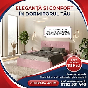 Pat Tapitat Elys Roz Catifea Premium Cu Noptiere Tapitate  Design modern Mobilă dormitor super ofert