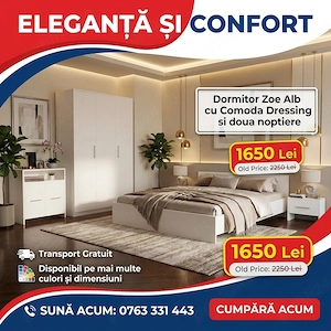 Dormitor Zoe Alb cu Comoda Dressing si doua noptiere Transport oriunde în România Promoție mobilă do