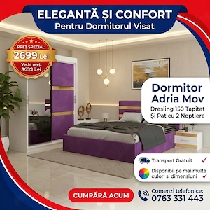 Dormitor Adria Mov Dressing 150 Tapitat Si Pat cu 2 Noptiere În stoc Set dormitor complet ofertă spe