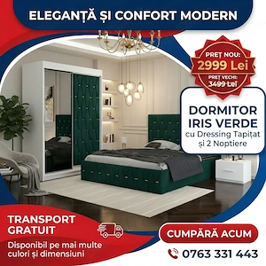 Dormitor Iris Verde cu Dressing Tapitat si 2 Noptiere Expediere rapidă Comandă astăzi dormitoare mod