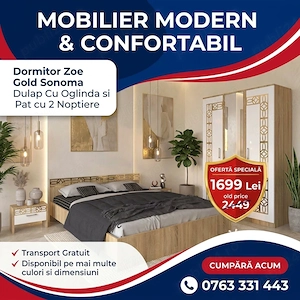 Dormitor Zoe Gold Sonoma Dulap Cu Oglinda si Pat cu 2 Noptiere  Materiale de calitate Dormitor nou o