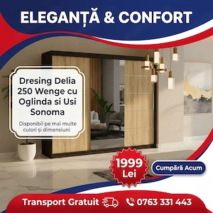Dresing Delia 250 Wenge cu Oglinda si Usi Sonoma Livrare în toată țara Mobilă dormitor promoție