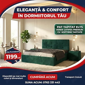 Pat Tapitat Elys Verde Catifea Premium Cu Noptiere Tapitate Livrare rapidă Model nouă