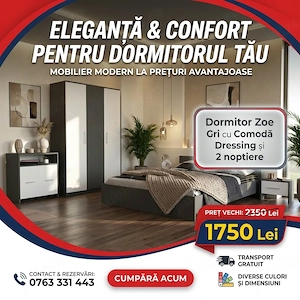 Dormitor Zoe Gri cu Comoda Dressing si 2 noptiere  Model elegant Colecție modernă