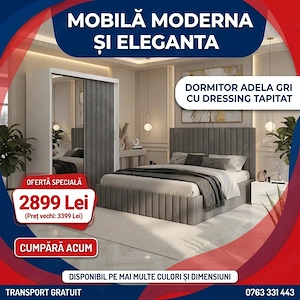 Dormitor Adela Gri cu Dressing Tapitat Livrare în toată țara Reduceri mobilier dormitor