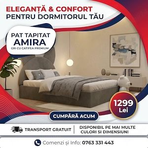 Pat Tapitat Amira Gri cu Catifea Premium Disponibil acum Dormitor premium preț avantajos