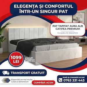 Pat Tapitat Aura Alb Catifea Premium Transport oriunde în România Promoție mobilă dormitor