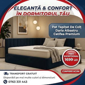 Pat Tapitat De Colt Daria Albastru Catifea Premium  Finisaje premium Variantă deosebită