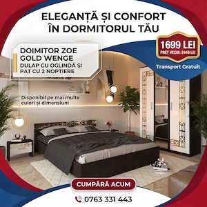 Dormitor Zoe Gold Wenge Dulap Cu Oglinda si Pat cu 2 Noptiere Contactează-ne Mobilă dormitor la ofer