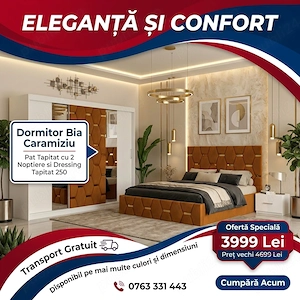 Dormitor Bia Caramiziu Pat Tapitat cu 2 Noptiere si Dressing Tapitat 250 Livrare rapidă Vezi chiar a