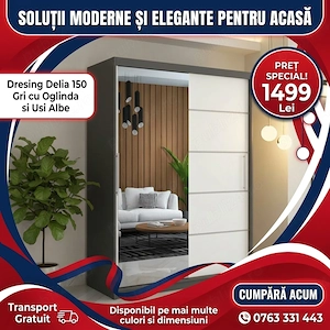 Dresing Delia 150 Gri cu Oglinda si Usi Albe Contactează-ne Colecție elegantă