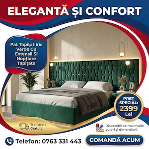Pat Tapitat Iris Verde Cu Extensii Si Noptiere Tapitate Ofertă limitată Oferte speciale mobilier dor