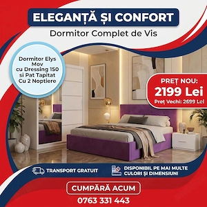 Dormitor Elys Mov cu Dressing 150 si Pat Tapitat Cu 2 Noptiere  Materiale de calitate Dormitor nou o