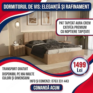 Pat Tapitat Aura Crem Catifea Premium cu Noptiere Tapitate Disponibil acum Model modernă