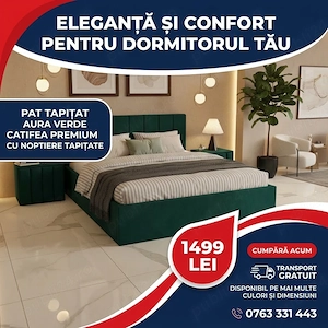 Pat Tapitat Aura Verde Catifea Premium cu Noptiere Tapitate  Model elegant Variantă nouă