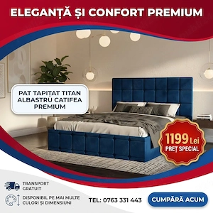 Pat Tapitat Titan Albastru Catifea Premium Disponibil acum Mobilier pentru dormitor preț bun