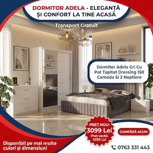 Dormitor Adela Gri Cu Pat Tapitat Dressing 150 Comoda Si 2 Noptiere Transport rapid Dormitor nou la 