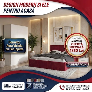 Dormitor Aura Visiniu cu Pat Tapitat Livrare rapidă Colecție deosebită