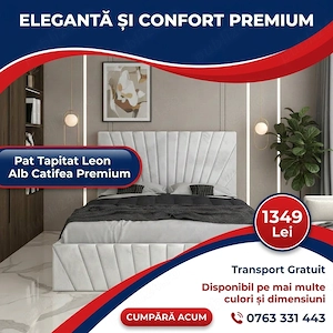 Pat Tapitat Leon Alb Catifea Premium Livrare în toată țara Oferte speciale dormitoare