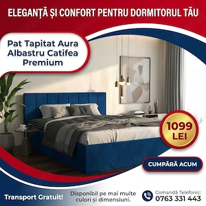 Pat Tapitat Aura Albastru Catifea Premium În stoc Dormitor elegant super ofertă