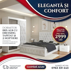 Dormitor Iris Alb cu Dressing Tapitat si 2 Noptiere Trimite mesaj Colecție modernă