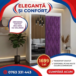 Dressing Tapitat Iris Mov Cu Oglinda Stoc limitat Dormitor nou ofertă specială