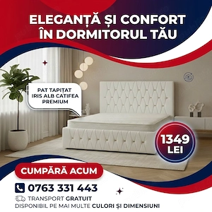 Pat Tapitat Iris Alb Catifea Premium  Model elegant Dormitor nou promoție
