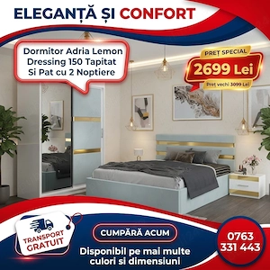 Dormitor Adria Lemon Dressing 150 Tapitat Si Pat cu 2 Noptiere  Calitate premium Dormitor modern sup