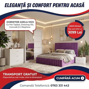 Dormitor Adela Mov Cu Pat Tapitat Dressing 150 Comoda Si 2 Noptiere Contactează-ne Set dormitor comp