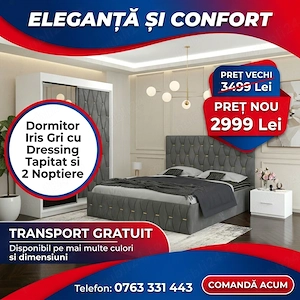 Dormitor Iris Gri cu Dressing Tapitat si 2 Noptiere Expediere rapidă Promoție mobilă dormitor