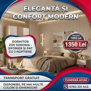 Dormitor Zoe Sonoma Sifonier si pat cu 2 noptiere Stoc limitat Colecție modernă