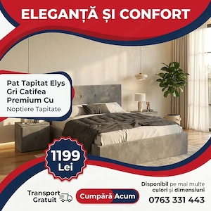 Pat Tapitat Elys Gri Catifea Premium Cu Noptiere Tapitate Scrie-ne pentru detalii Alege rapid dormit