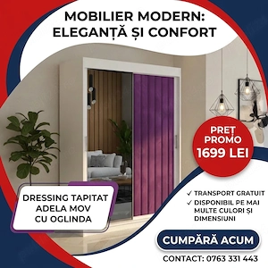 Dressing Tapitat ADELA Mov Cu Oglinda În stoc Promoție mobilier dormitor