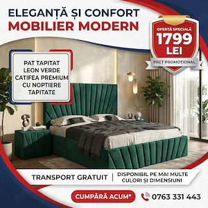 Pat Tapitat Leon Verde Catifea Premium Cu Noptiere Tapitate Model popular Vezi chiar azi mobilă pent